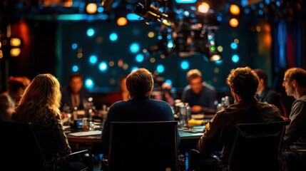 Group of filmmakers engage in a collaborative discussion around a large table, surrounded by professional lighting and equipment, creating a dynamic atmosphere of creativity and teamwork