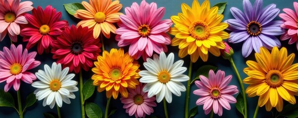 Fototapeta premium Colorful vibrant flowers arranged neatly on a table, nature, blooms, still life