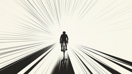 A dynamic black and white illustration of a cyclist in an abstract high-speed motion effect, emphasizing energy, movement, and determination in a futuristic setting. AI generated.