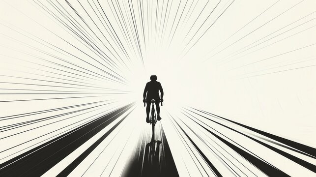 A dynamic black and white illustration of a cyclist in an abstract high-speed motion effect, emphasizing energy, movement, and determination in a futuristic setting. AI generated.