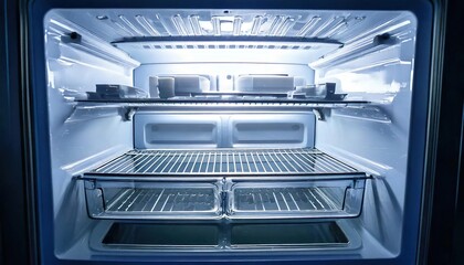 Empty refrigerator with bright lighting and clean shelves awaiting food storage