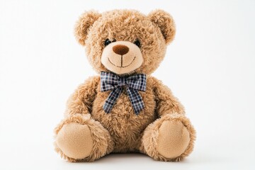 Obraz premium Cute and fluffy teddy bear with a checkered bow tie sitting against a soft white background, perfect for children's decoration and cozy atmospheres