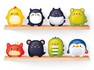 Shelf display featuring various kawaii monster figurines in a playful arrangement