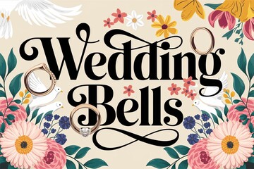 Fototapeta premium Wedding Bells Illustration with Rings, Doves, and Floral Border on Beige Backdrop in a Flat, Graphic Style with Bold Lettering