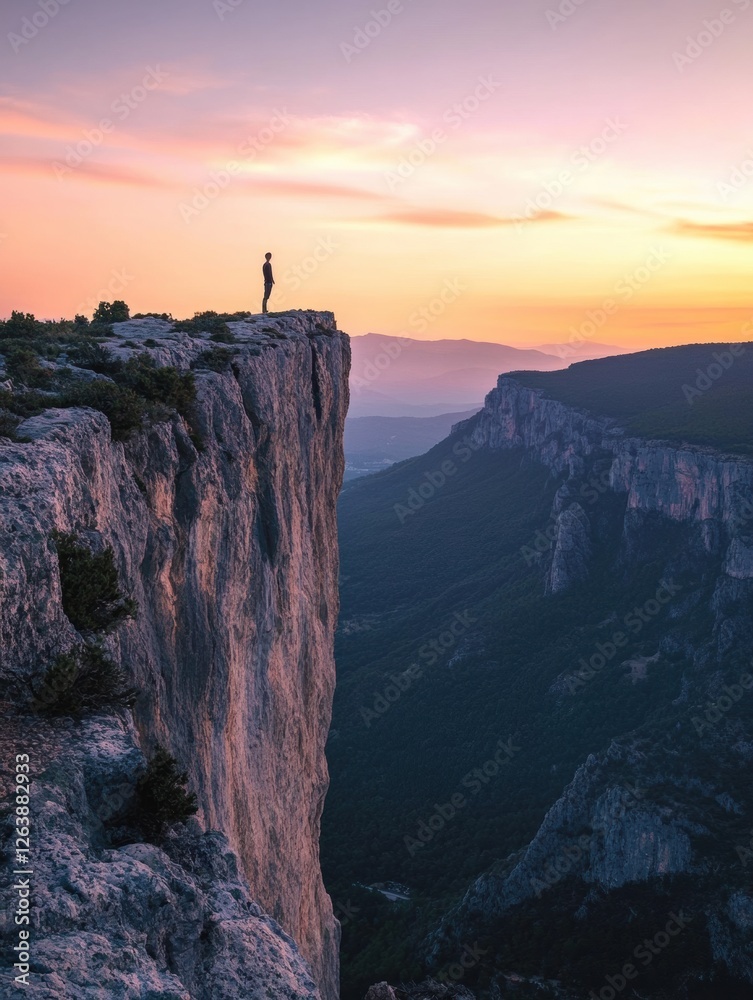 Poster person standing on a cliff edge overlooking a vast valley at sunset in a mountainous region. generat