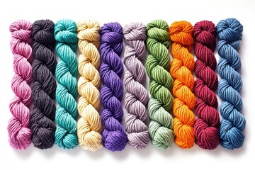 Vibrant Collection of Twisted Yarn Skeins in Various Colors Displayed in a Line on a White Background for Craft and Textile Projects