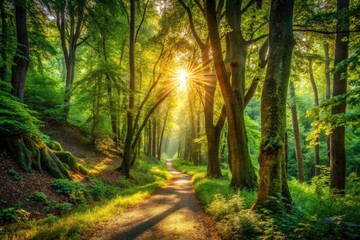 Obraz premium Nature's cathedral revealed: sunlit woodland path, serene escape in architectural photography.