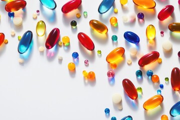 Colorful assortment of various dietary supplements, vitamins, and capsules scattered on a clean white background for health and wellness concepts