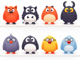 Fototapeta premium Set of six cartoon birds and kawaii monster figurines on a shelf for illustration