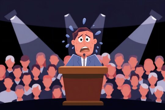 A nervous man sweating while speaking at a podium, with an audience watching, capturing the fear of public speaking.
