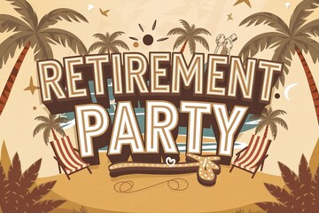 Retro-Style Palm Trees, Beach Chairs, and Tropical Vibe in Brown, Beige, Red and White