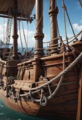 Old wooden sailing ship with ropes and anchors, ocean, wood, sailing