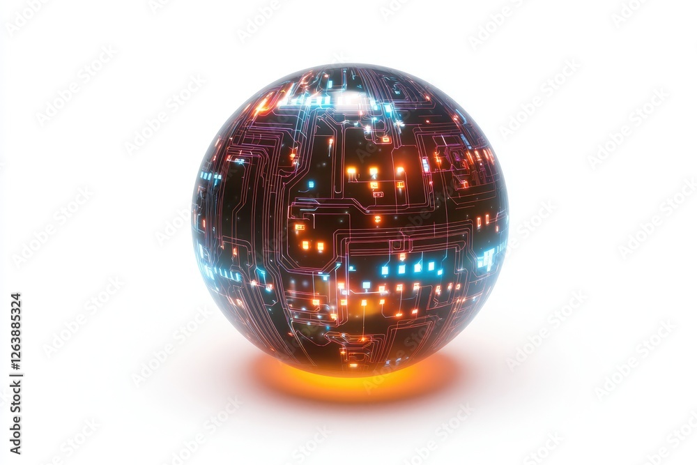 Wall mural futuristic digital sphere with glowing circuit patterns and vibrant colors representing technology, 