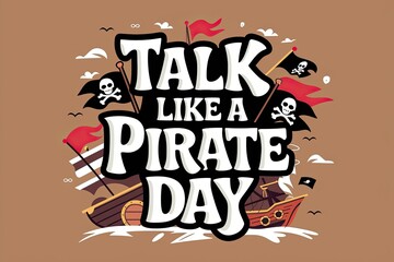 "Talk Like a Pirate Day" Poster Art with Jolly Rogers & Sailing Ships on Taupe, Playful Typography, Cartoon Style, Celebration Theme