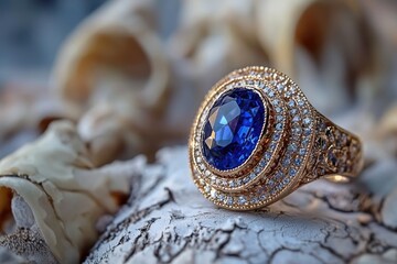 Elegant golden ring featuring a stunning blue gemstone centerpiece surrounded by sparkling diamonds on a rustic textured surface for jewelry lovers
