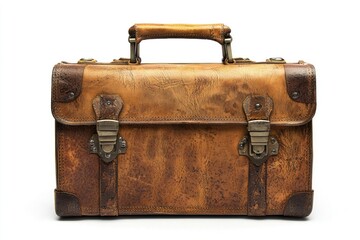 Vintage leather briefcase with classic design and metal clasps, isolated on white background showcasing craftsmanship and timeless appeal
