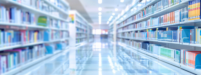 Medical Library with Books and Journals in Bright Environment for Academic Knowledge and Research. Banner. Copy space