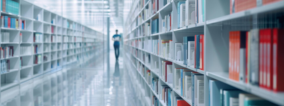 Modern library with rows of bookshelves filled with books and blurred man student walking in background. Concept of knowledge, education, learning, research, academic environment, literature. Banner