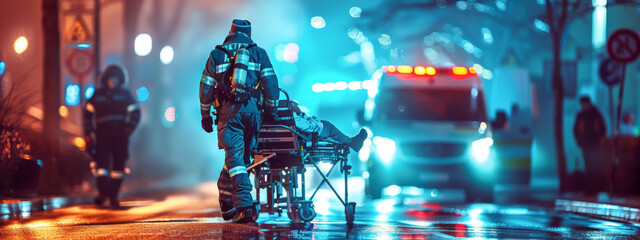 Emergency paramedic rushing patient on stretcher to ambulance at night. First responder saving lives in urban crisis. Concept of medical emergency, rescue, urgent care, 911. Banner, copy space