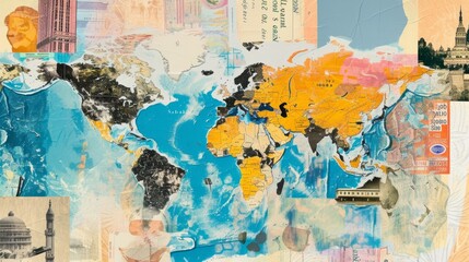 Fototapeta premium Vibrant world map collage with travel-related imagery and textured layers, blending colors and illustrations for a dynamic exploration theme. AI generated.