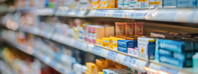 Fototapeta premium Pharmacy shelves filled with various medicines, supplements, healthcare products in modern drugstore. Concept of pharmaceutical industry, healthcare, medication, drugs, retail. Banner. Copy space