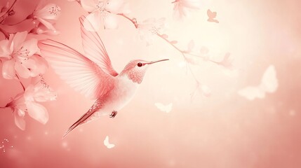 Pink Hummingbird Softly Hovers near Blossoms Dreamlike Pastel Light. AI Generated