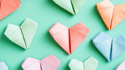 Colorful origami hearts on mint background.