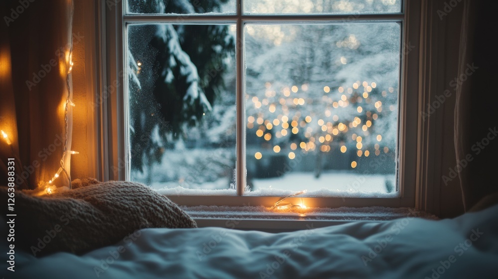 Fototapete winter window view with lights and snow at dusk creating a cozy atmosphere in a bedroom setting. gen