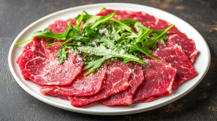 Fototapeta premium Delicious Raw Beef Carpaccio with Arugula and Parmesan on White Plate Capturing Freshness and Culinary Elegance. Meat