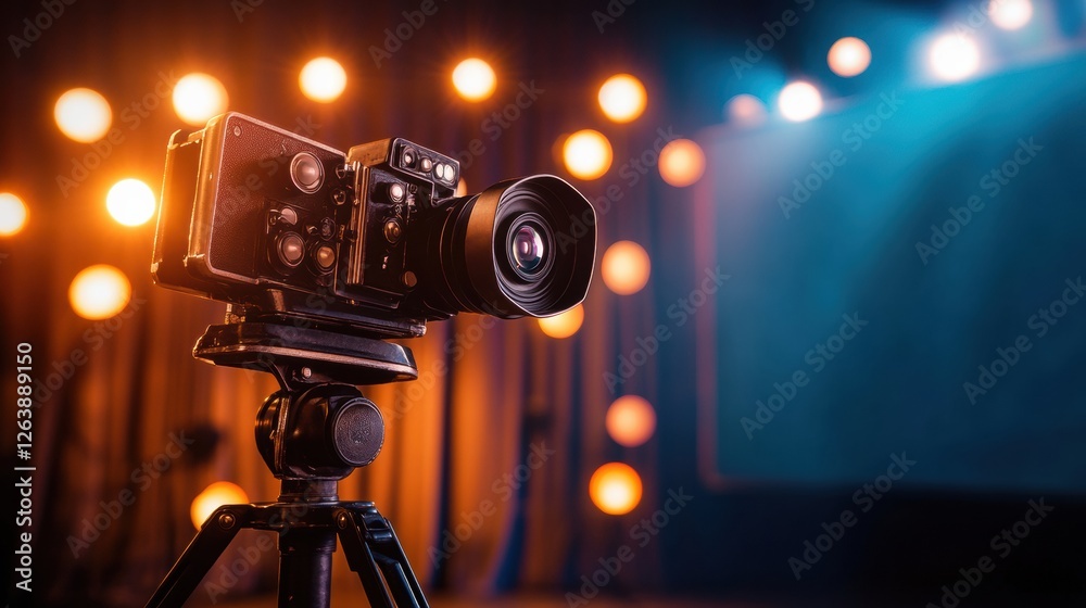 Leinwandbilder vintage camera on tripod positioned in front of lit stage set for a photoshoot or filming in a studi