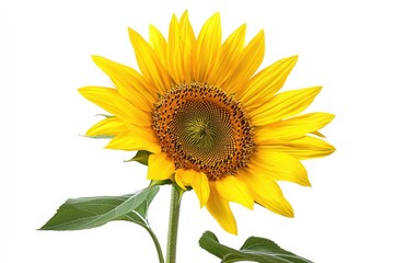 Fototapeta premium Bright and Vibrant Sunflower Blooming with Lush Green Leaves Against a Light Background, Symbolizing Summer, Nature, and Cheerfulness in Full Glory