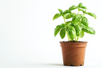 Obraz premium Fresh Green Basil Plant in a Terracotta Pot on a White Background, Ideal for Culinary Use and Home Gardening Inspiration with Natural Aesthetics