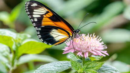 Fototapeta premium Vibrant Butterfly Resting on Pink Flower in Lush Garden. Concept of Nature Beauty, Serenity, Vibrant Colors, Wildlife Observation