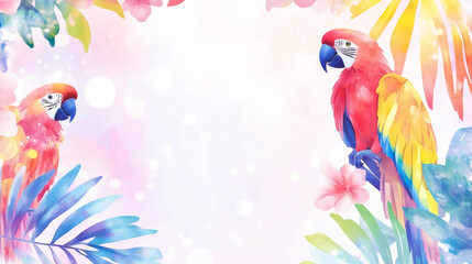 Vibrant Watercolor Illustration of Colorful Parrots Amidst Tropical Leaves and Flowers. Copy space