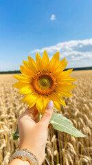 Fototapeta premium Hand Holding Vibrant Sunflower in Sharp Focus Against Golden Wheat Field and Blue Sky Backdrop Concept of Nature Beauty Summer Tranquility Vibrance. Vertical
