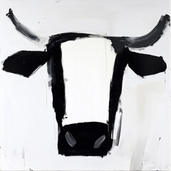 Minimalist Black and White Abstract Painting of a Cow's Face