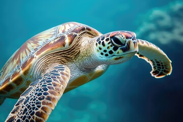 Fototapeta premium Graceful Sea Turtle Gliding Through Crystal Clear Ocean Waters Surrounded by Vibrant Coral Reefs and Marine Life, Captured Underwater