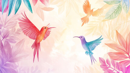 Colorful Watercolor Illustration of Hummingbirds and Tropical Leaves in Vibrant Pastel Shades