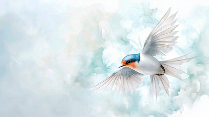 Fototapeta premium Watercolor Illustration of a Graceful Barn Swallow in Mid-Flight with Soft Cloudy Background. Copy space