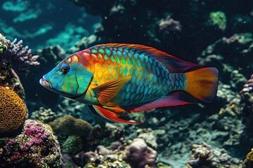 Naklejka premium Vibrant Colorful Fish Swimming Among Coral Reefs in Clear Tropical Waters Underwater Photography