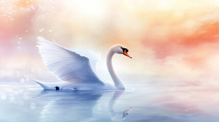 Fototapeta premium Watercolor Illustration of Graceful White Swan Gliding on Tranquil Lake at Sunset with Soft Pastel Sky Reflection. Copy space