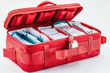 Red medical first aid kit with organized compartments for easy access to supplies, featuring various bandages, antiseptics, and treatment essentials