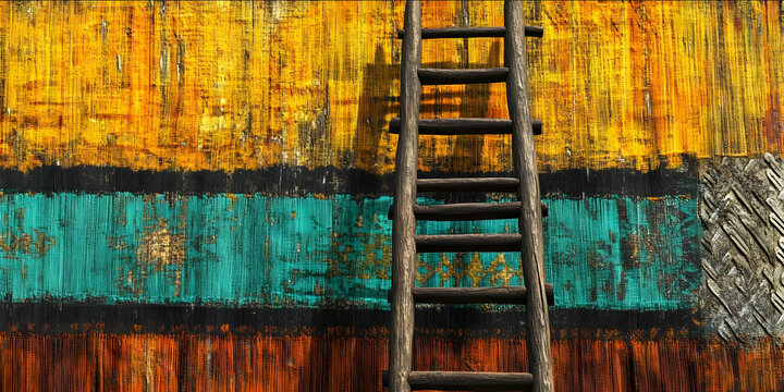 a woven Indian tapestry in shades of yellow gold orange black and teal an old wooden ladder is in front of it the top of the ladder in the unseen sky highly de