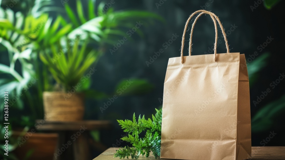 Aufkleber Eco friendly paper bag displayed against a lush greenery background in a serene setting for sustainable shopping. Generative AI