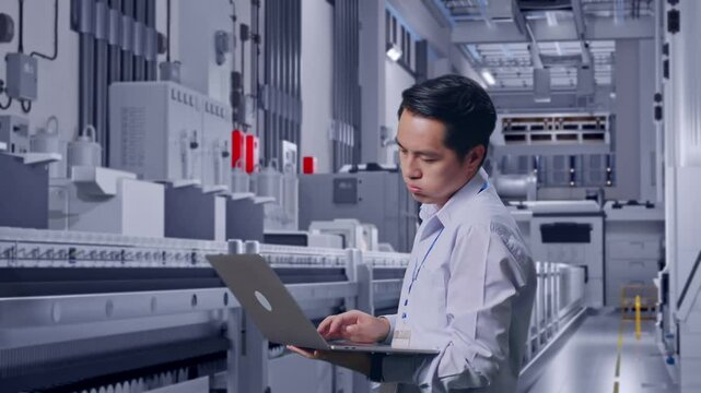 Side View Of An Asian Male Professional Worker Use Laptop At Pharmaceutical Factory, Vaccine Production Facility,  He Is Nodding His Head With Dissapionted