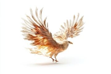 Obraz premium Majestic Bird in Flight with Graceful Wings and Fiery Feathers Illuminating Against a Pure White Background in Stunning Detail