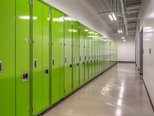 A row of green lockers in a hallway - ai