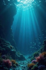 Fototapeta premium Dark blue ocean surface with scattered seaweed and schools of silver fish swimming in the distance, ocean, water, seaweed