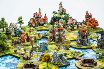 Fototapeta premium Detailed miniature fantasy village landscape with intricate buildings, waterways, hills, trees, and scenic elements ideal for tabletop gaming and creative settings