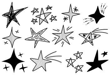 Collection of hand-drawn star designs, glitter, shining, star, night light perfect for artistic and graphic applications.